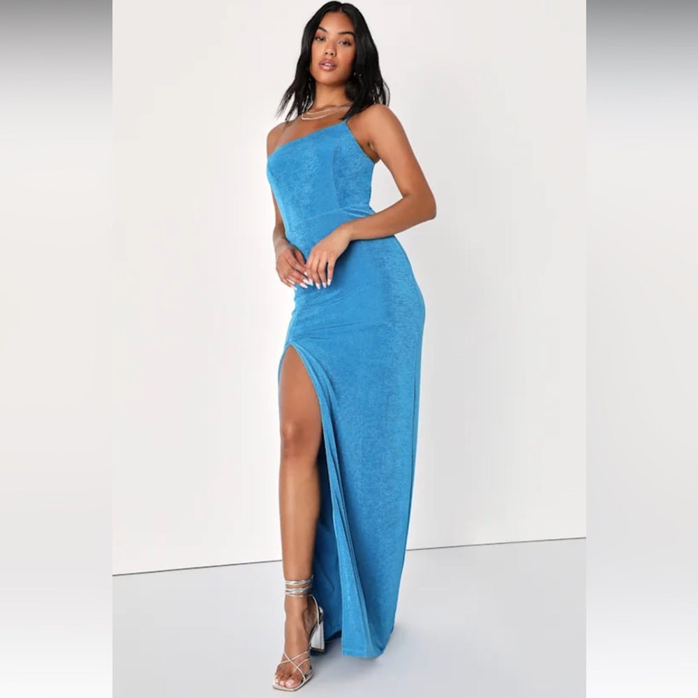 Lulu's One-Shoulder Blue Maxi Dress with Thigh Slit 💙